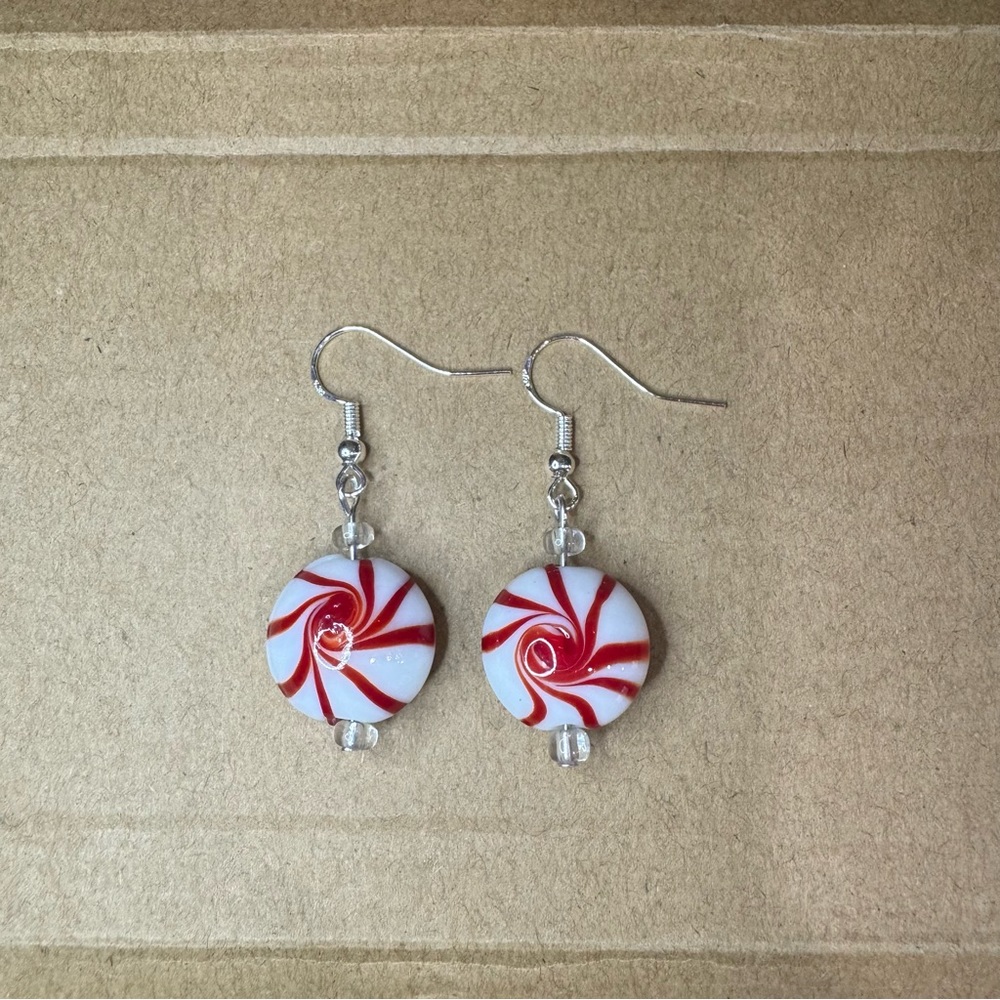 Handmade Lamp work Glass Peppermint Earrings - Picture 5 of 6